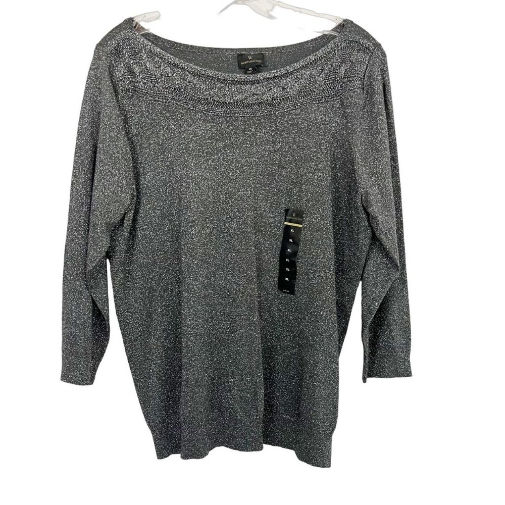 Worthington NEW Gunmetal Gray Sparkle Knit Long Sleeve Top Cable Knit‎ - Size XL